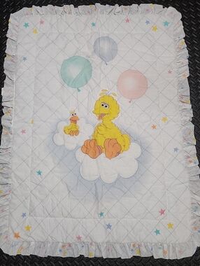 Vintage Sesame Street Big Bird Baby Quilt Blanket Nursery Ruffle Pastel Balloons